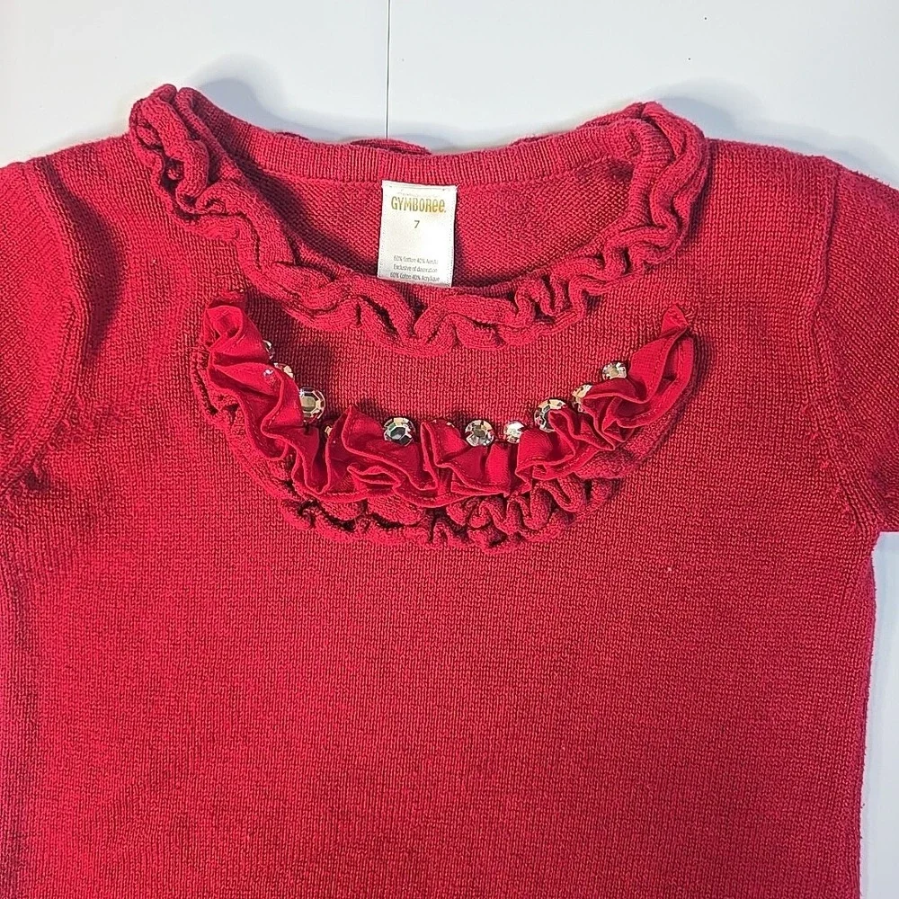 Gymboree Sweater Dress Girls 7 Red Ruffle Rhinestone Holiday Festive Short Slv